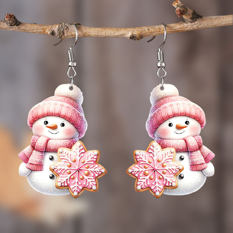 Pink Christmas Snowman Earrings