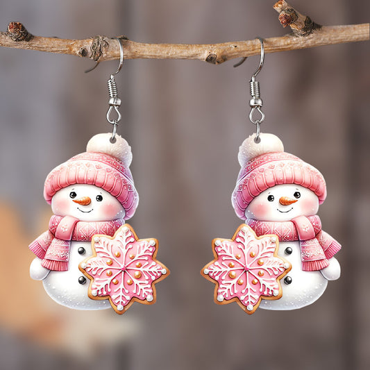 Pink Christmas Snowman Earrings