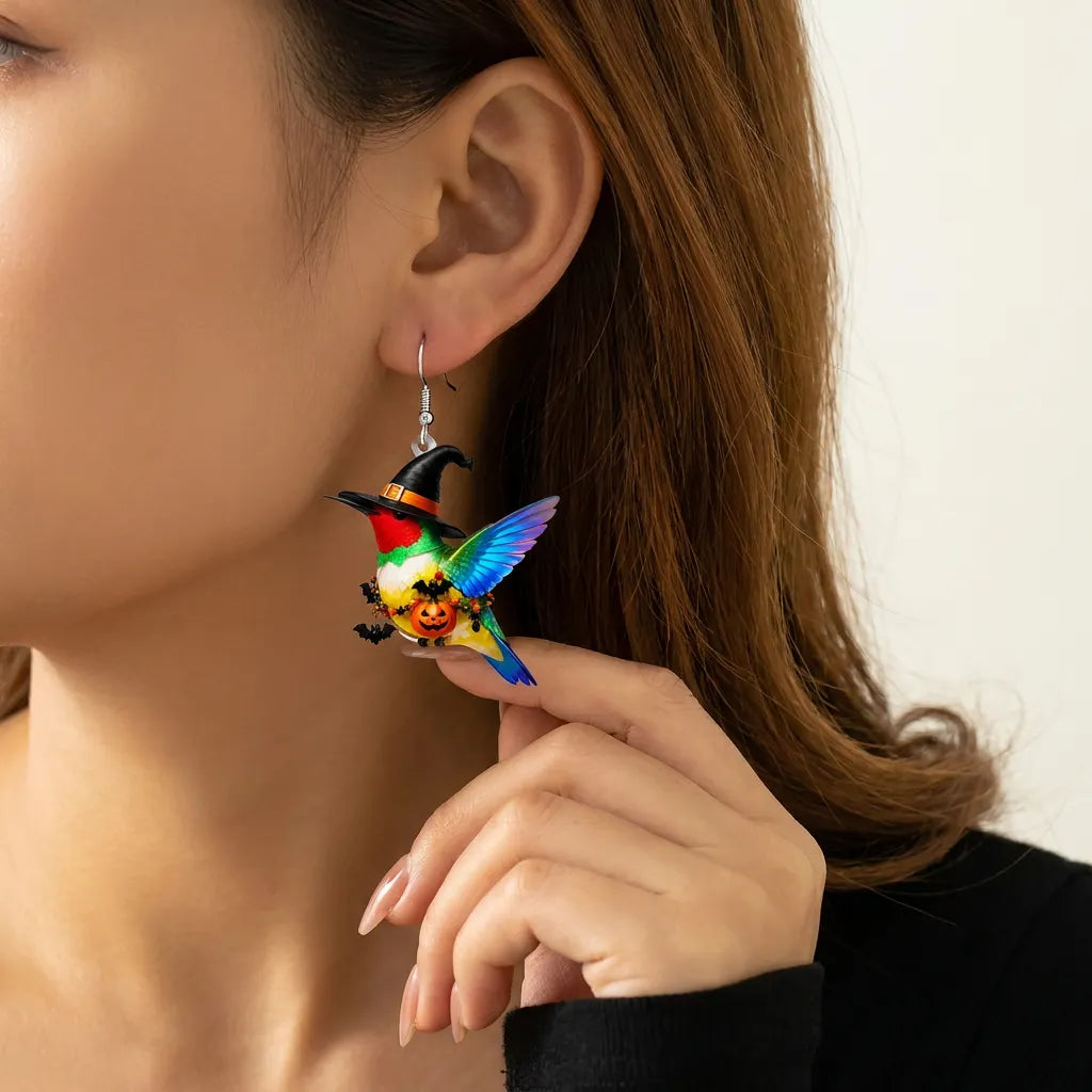 Colorful Hummingbird Witch Hat Halloween Acrylic Earrings