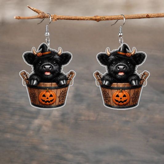 Black Highland Cow Wooden Bucket Pumpkin Witch Earrings