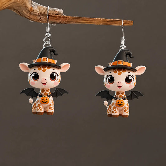Giraffe Witch Hat Bat Wings Pumpkin Halloween Earrings