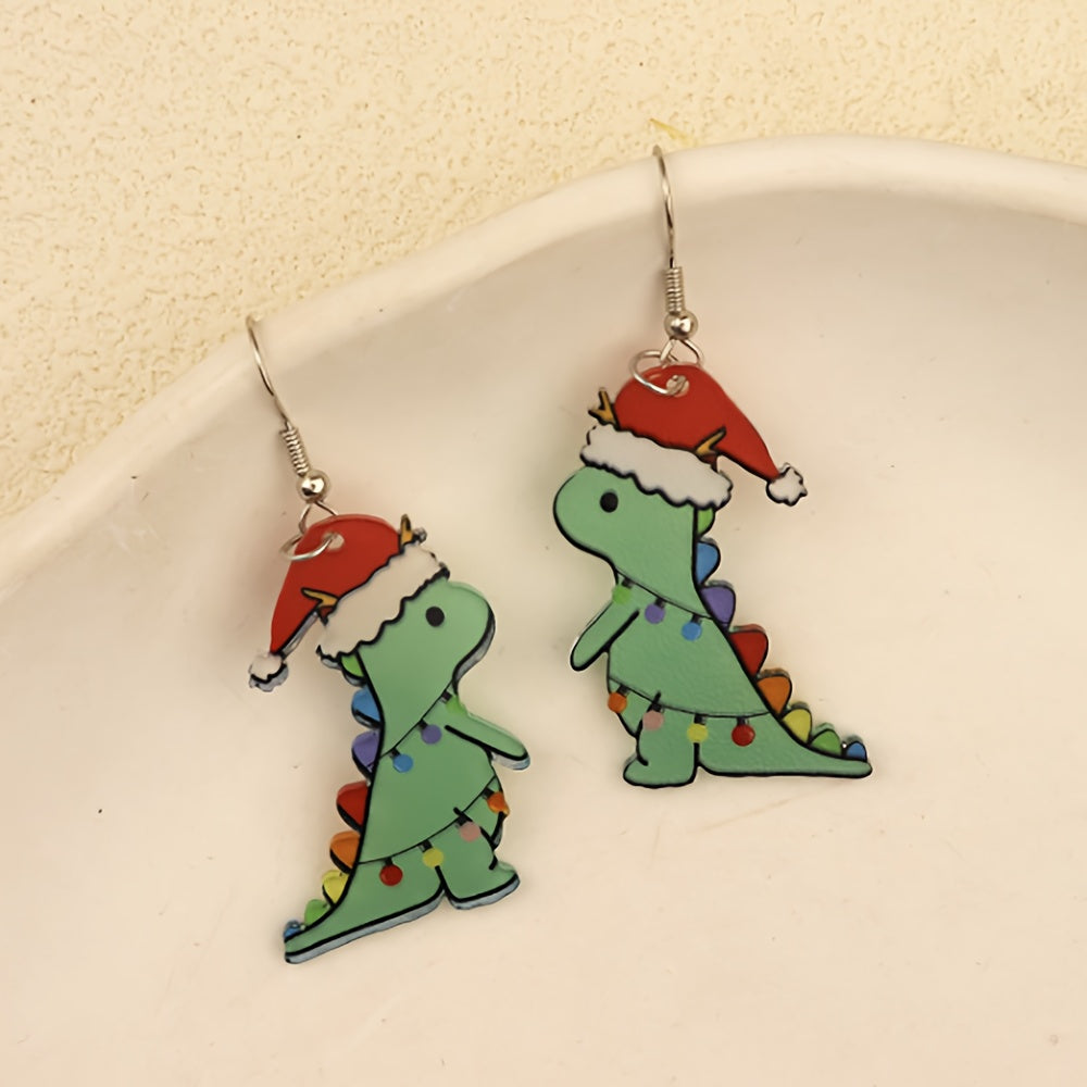 Christmas Green Dinosaur Santa Hat Earrings