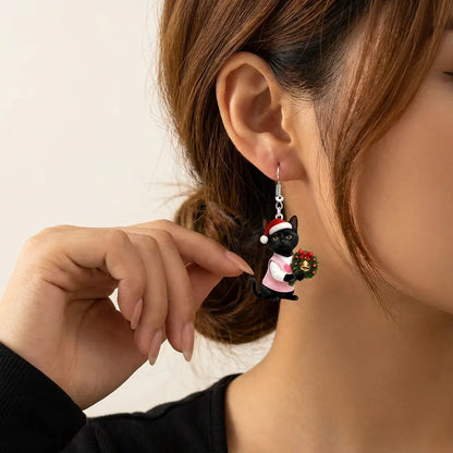 Black Cat Santa Hat Christmas Wreath Earrings