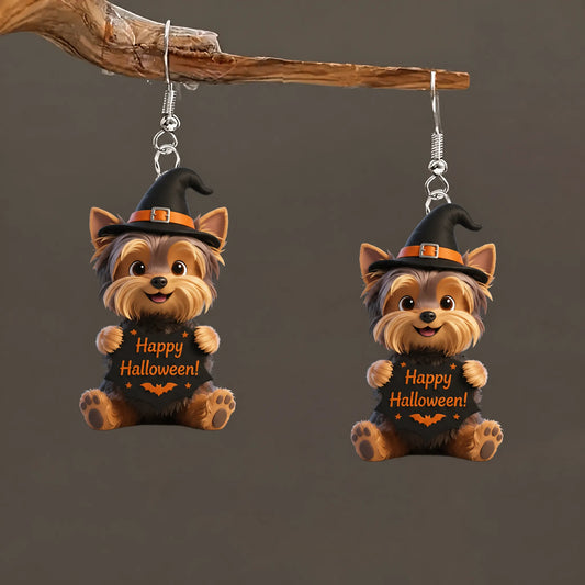 Yorkshire Terrier Puppy Witch Hat Holding Happy Halloween Sign Halloween Earrings