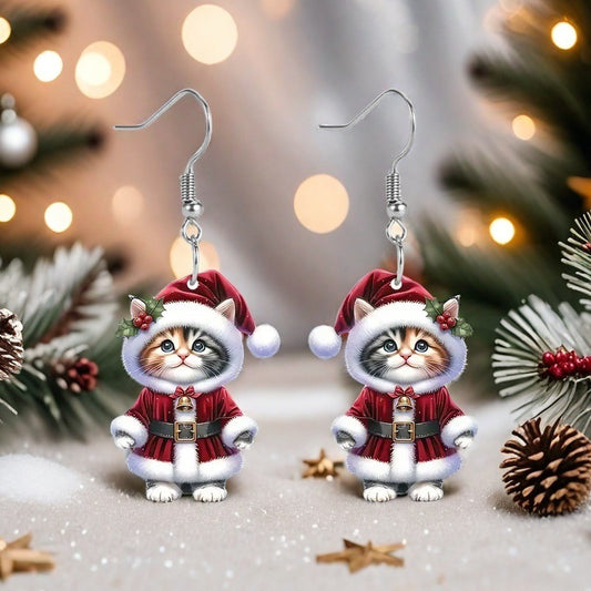 Christmas Themed Acrylic Cat Earrings