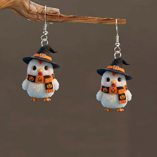 Fluffy Baby Chick Witch Hat Pumpkin Knit Scarf Halloween Acrylic Earrings