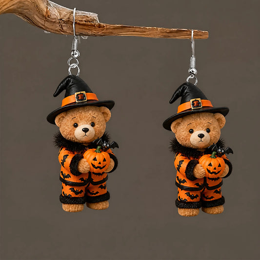 Sparkly Teddy Bear Witch Cloak Bead Necklace Bat Pumpkin Halloween Acrylic Earrings