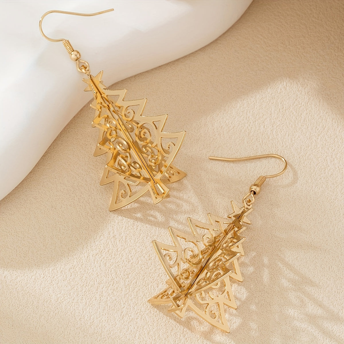 Elegant Golden-Tone Geometric Hollow Christmas Tree Earrings
