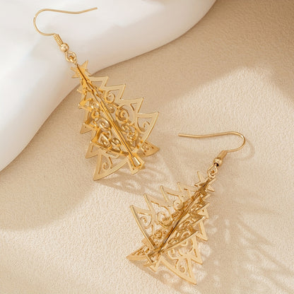 Elegant Golden-Tone Geometric Hollow Christmas Tree Earrings
