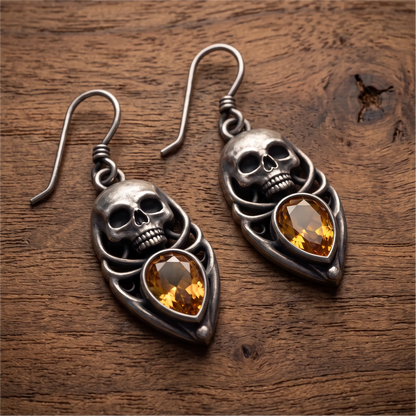 Vintage Skull Citrine Teardrop Gem Dangle Earrings