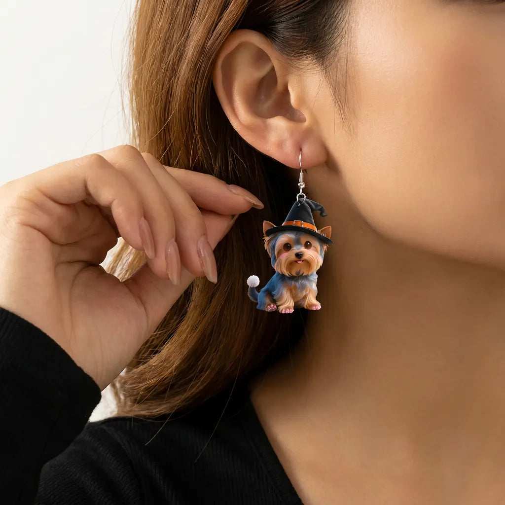 Yorkie Puppy Witch Hat Halloween Earrings