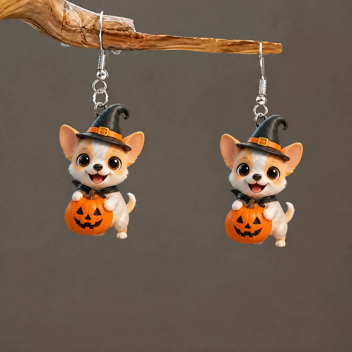 Chihuahua Holding Mini Pumpkin Halloween Acrylic Earrings