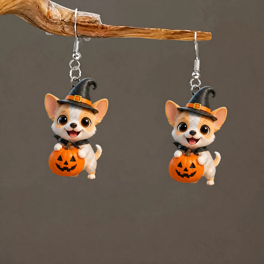 Chihuahua Holding Mini Pumpkin Halloween Acrylic Earrings