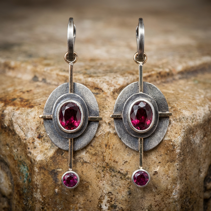 Boho Earrings with Garnet Crystal in Sterling Silver