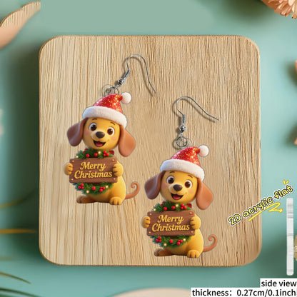 Christmas Cute Dog With Merry Christmas  Earrings