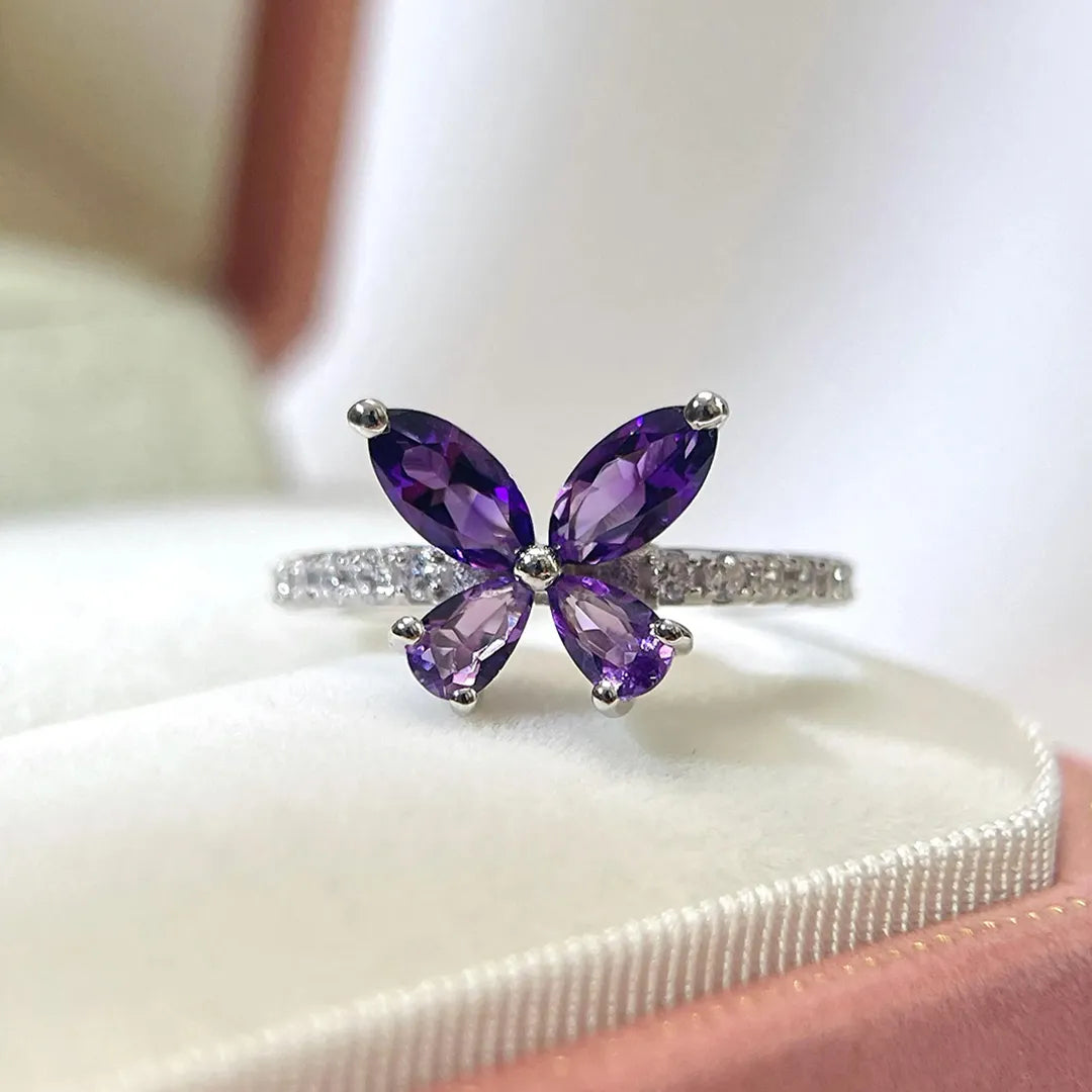 Pancreatic Cancer Warrior Purple Diamond Butterfly Thin Ring