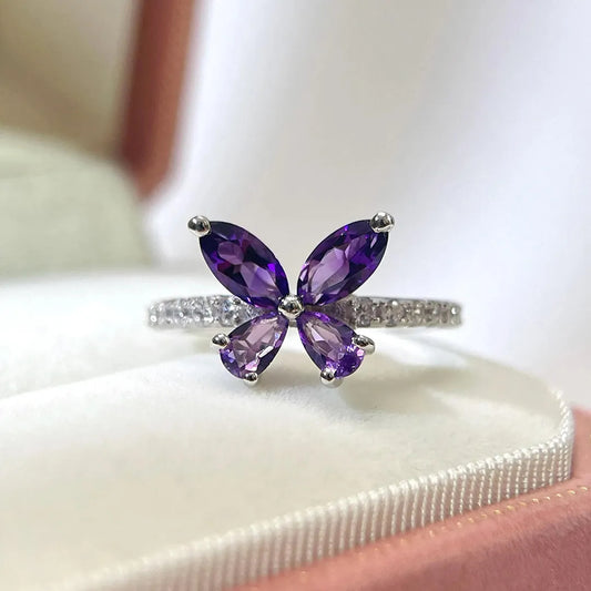 Pancreatic Cancer Warrior Purple Diamond Butterfly Thin Ring