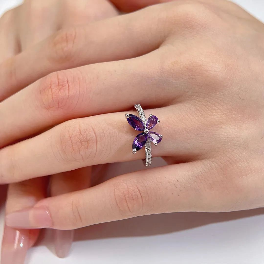 Pancreatic Cancer Warrior Purple Diamond Butterfly Thin Ring