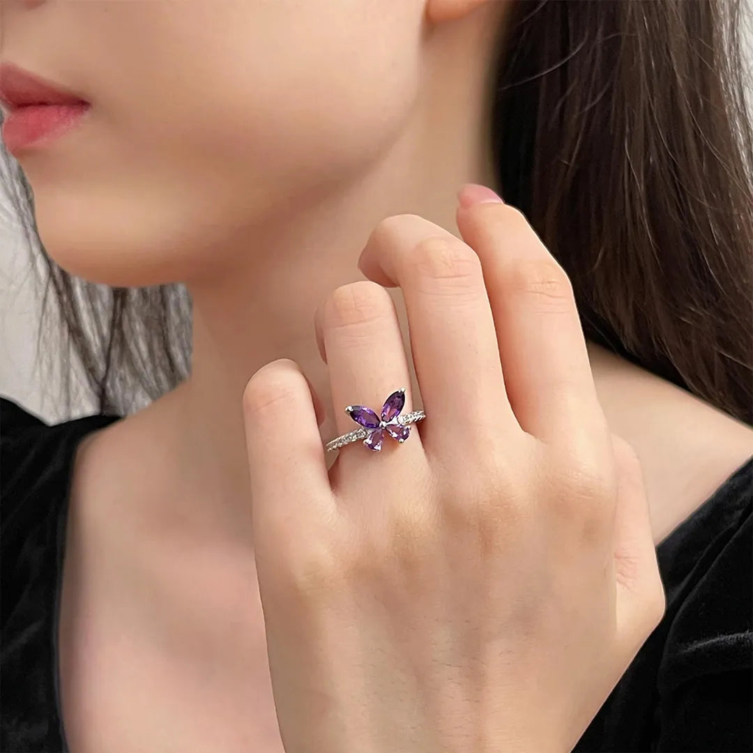 Pancreatic Cancer Warrior Purple Diamond Butterfly Thin Ring