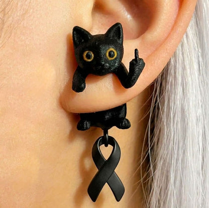 Fuck Cancer Awareness Black Cat Middle Finger Earring