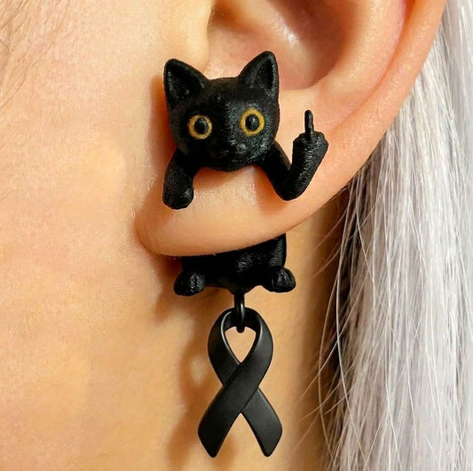 Fuck Cancer Awareness Black Cat Middle Finger Earring