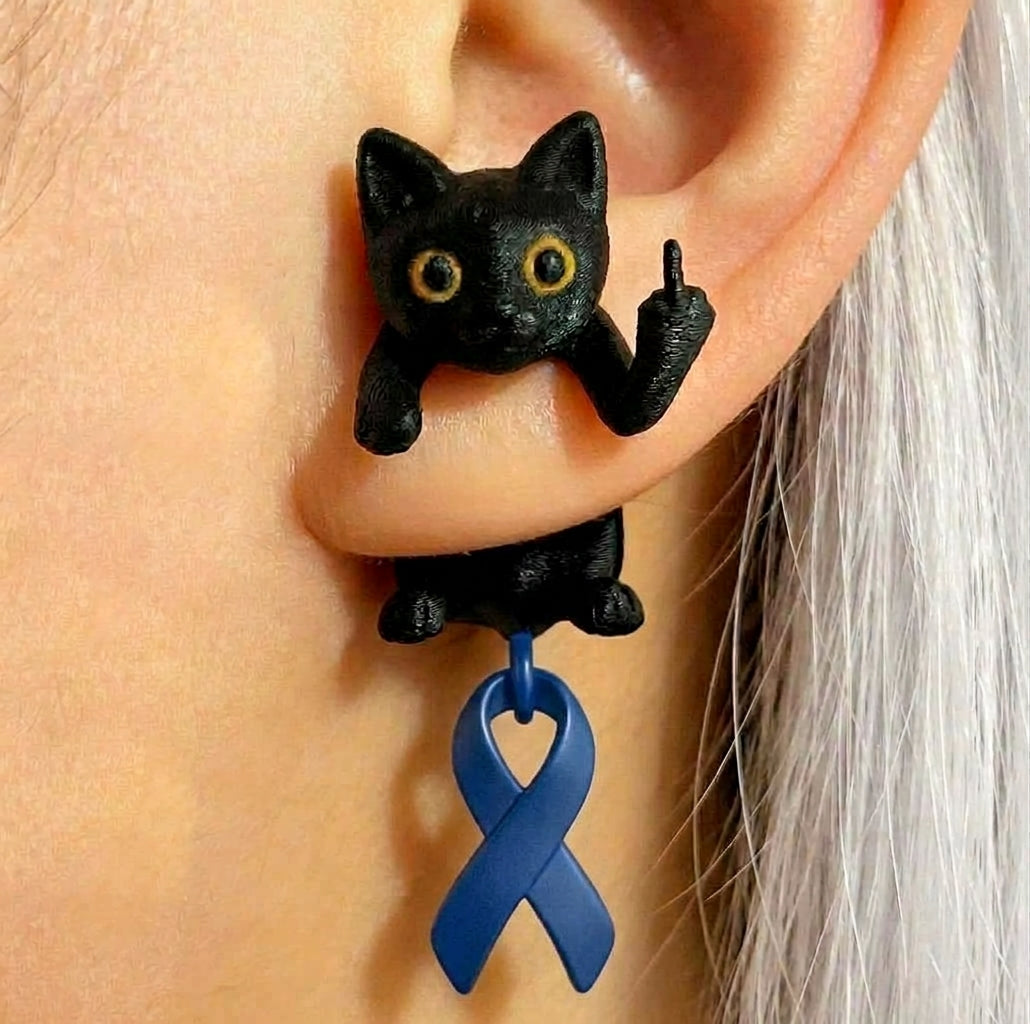 Fuck Cancer Awareness Black Cat Middle Finger Earring