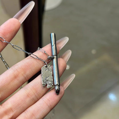 Burnt Cigarette Pendant Necklace with Engravable Distress Tag – Avant-Garde Streetwear Jewelry