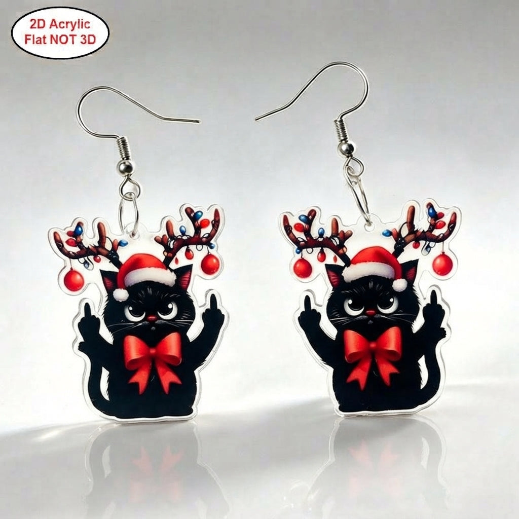 Vintage Christmas Rebellious Black Cat Drop Earrings