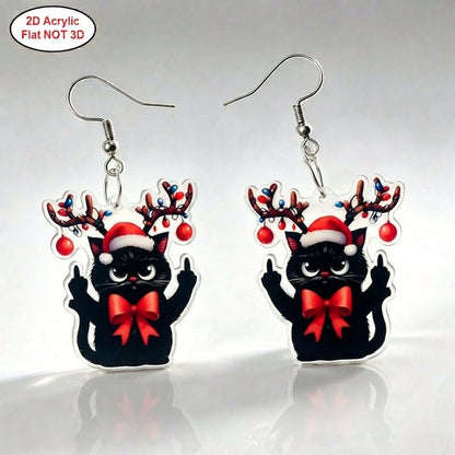 Vintage Christmas Rebellious Black Cat Drop Earrings