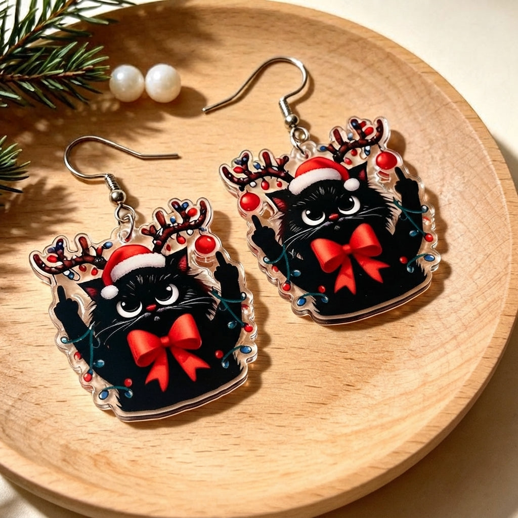 Vintage Christmas Rebellious Black Cat Drop Earrings