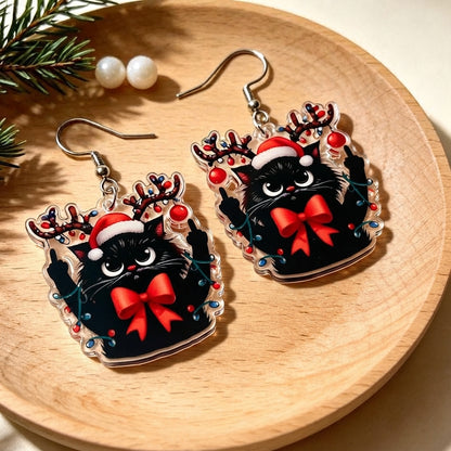 Vintage Christmas Rebellious Black Cat Drop Earrings
