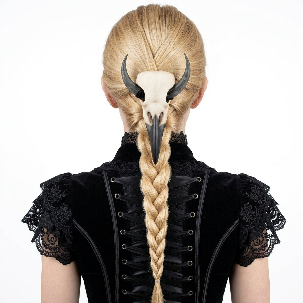 The Crow's Curse: Gothic Raven Skull Hair Pin & Moon Crescent Hair Pin