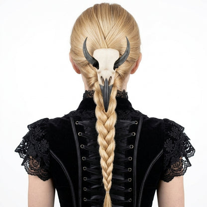 The Crow's Curse: Gothic Raven Skull Hair Pin & Moon Crescent Hair Pin