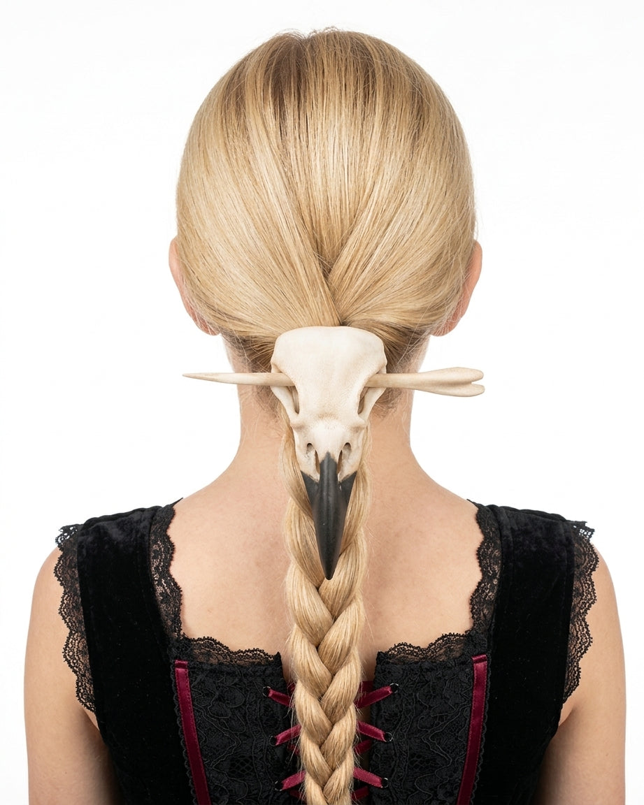The Crow's Curse: Gothic Raven Skull Hair Pin & Moon Crescent Hair Pin