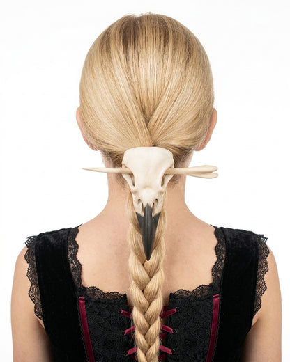 The Crow's Curse: Gothic Raven Skull Hair Pin & Moon Crescent Hair Pin