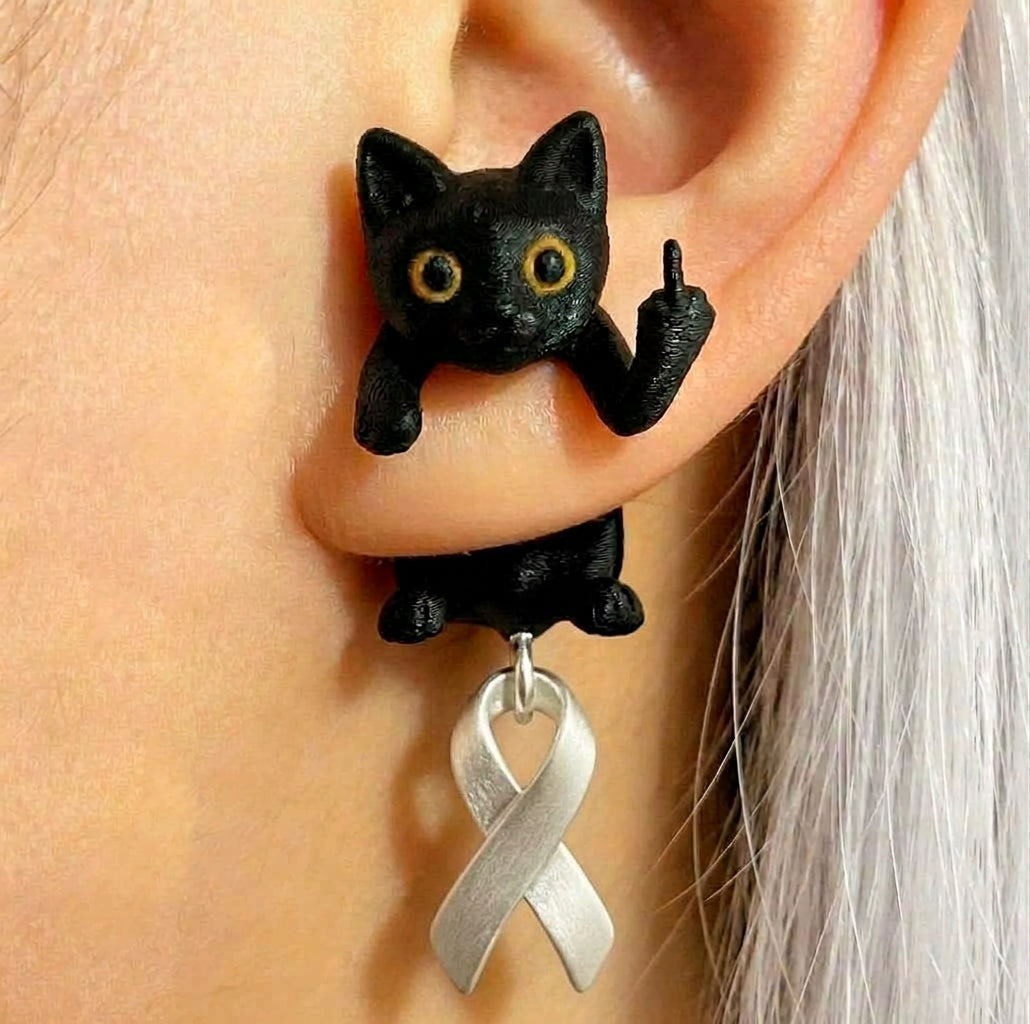 Fuck Cancer Awareness Black Cat Middle Finger Earring