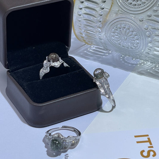 Natural Garden Quartz Ball Ring，Energy Gemstone，Natural Phantom Quartz Open Ring