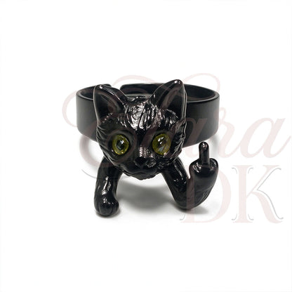 Black Cat Middle Finger Adjustable Open Ring & Earring