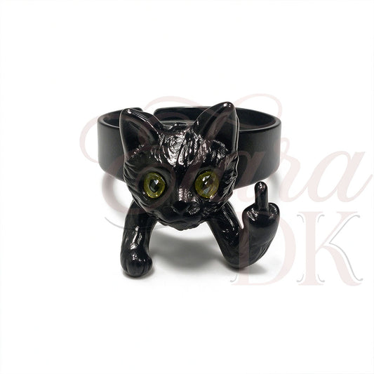 Black Cat Middle Finger Adjustable Open Ring & Earring
