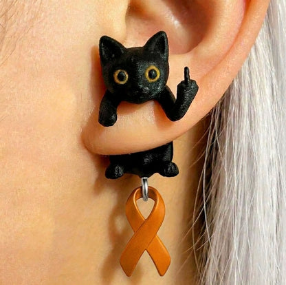 Fuck Cancer Awareness Black Cat Middle Finger Earring