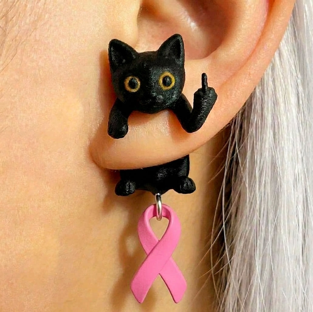 Fuck Cancer Awareness Black Cat Middle Finger Earring