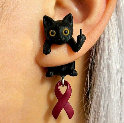 Fuck Cancer Awareness Black Cat Middle Finger Earring