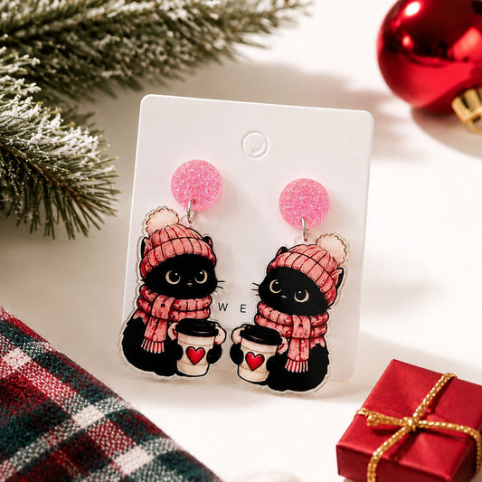 Vintage Christmas Black Cat Drop Earrings
