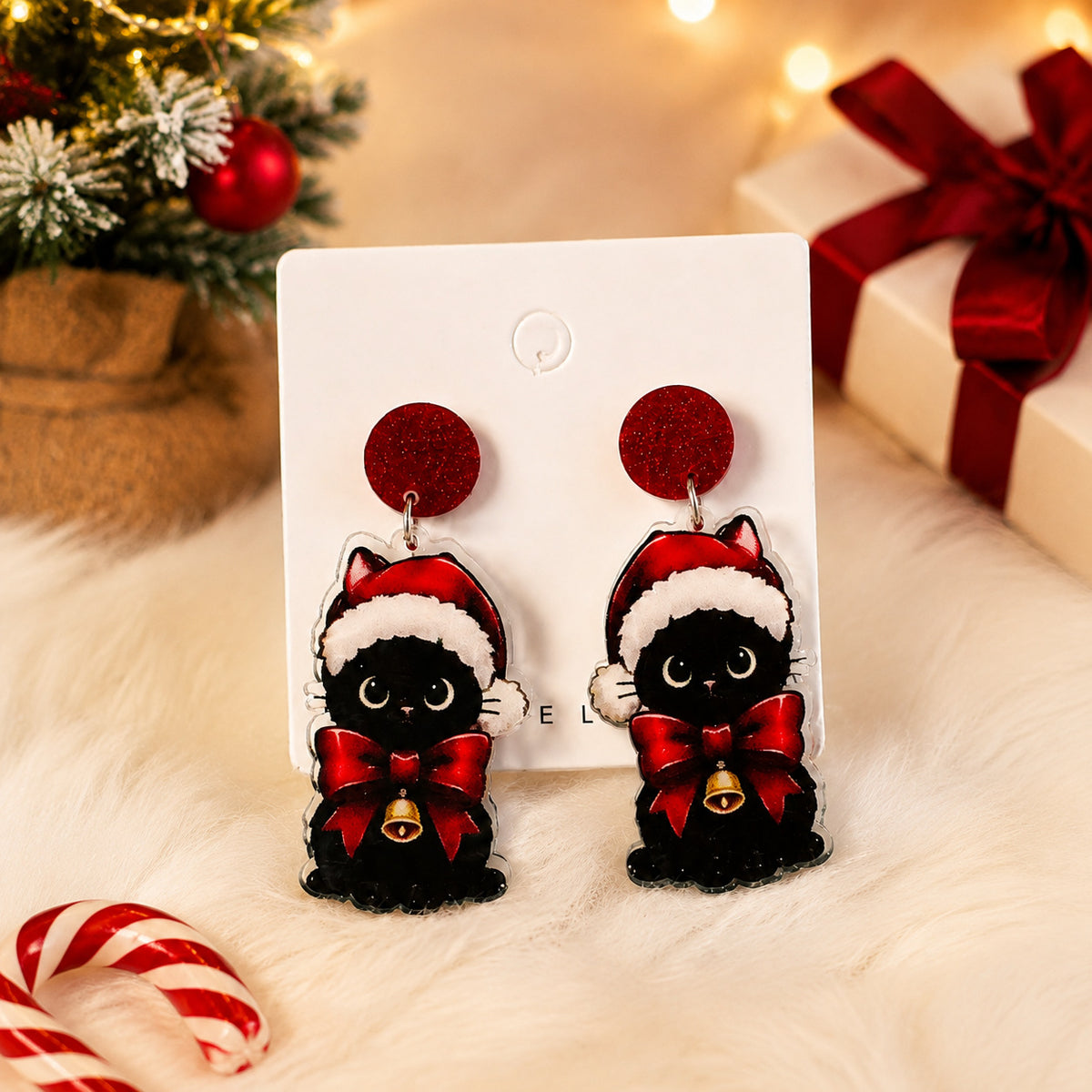 Vintage Christmas Black Cat Drop Earrings