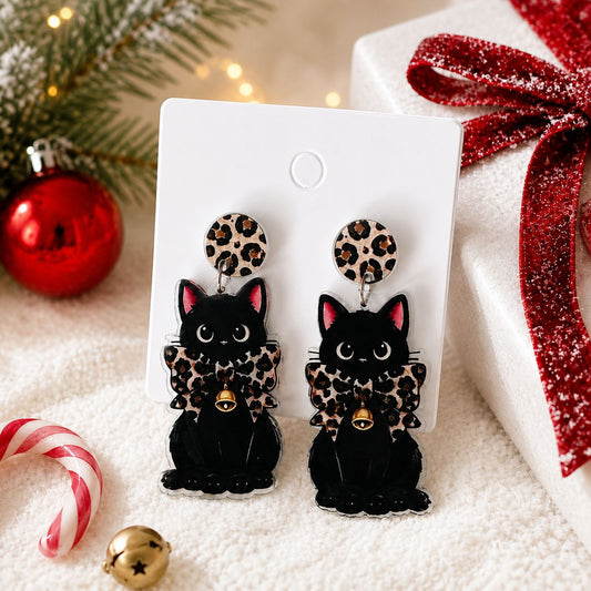 Vintage Christmas Black Cat Drop Earrings