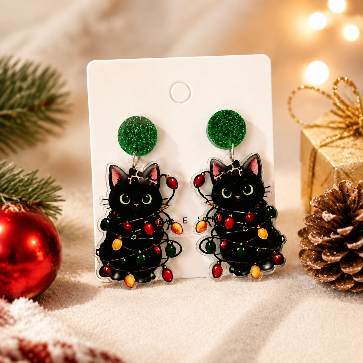 Vintage Christmas Black Cat Drop Earrings