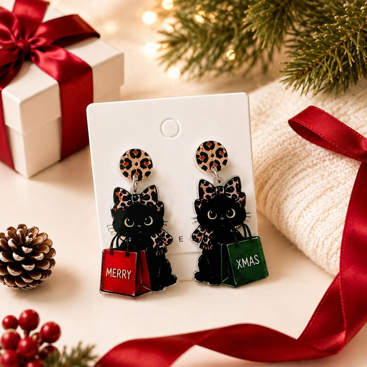 Vintage Christmas Black Cat Drop Earrings