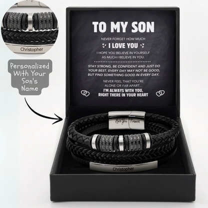 Son's Forever Connected Leather Bracelet Gift Set with Engraved Name