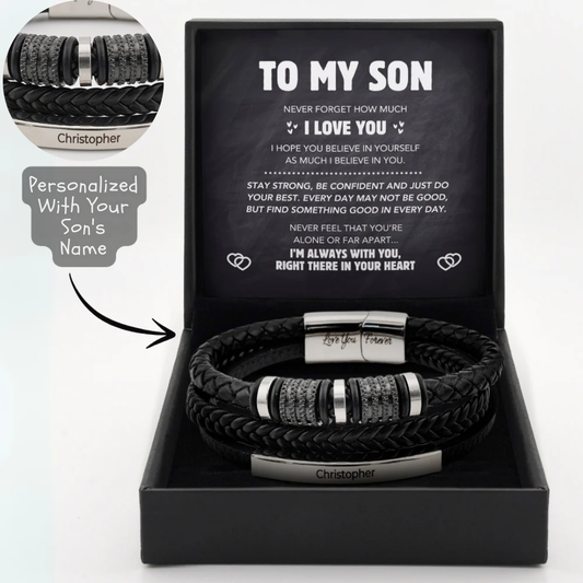 Son's Forever Connected Leather Bracelet Gift Set with Engraved Name