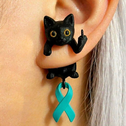 Fuck Cancer Awareness Black Cat Middle Finger Earring